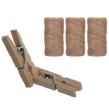 

100PCS 2.5cm x 0.3cm Mini Natural Wooden Cloth Photo Clips & 3x Jute Rope 1000 Feet 2mm Natural Jute Twine String Rolls