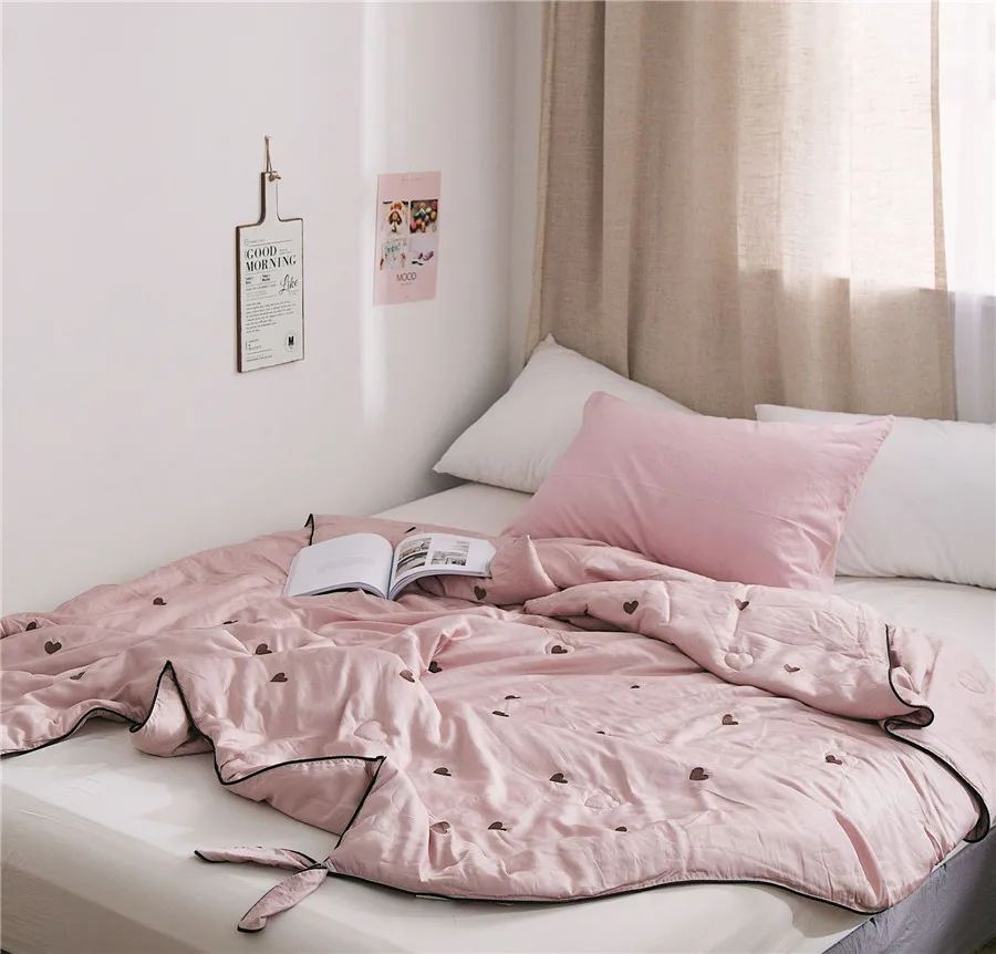 Однотонное летнее тонкое стеганое одеяло с простой вышивкой Love Tencel, воздухопроницаемое одеяло с милым бантиком, свежий ворс, одеяло, простое модное нежное