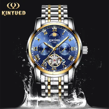 

KINYUED Mechanical Waterproof Watches Mens Automatic Skeleton Business Watch Stainless Moon Phase Calendar Watches Reloj Hombre