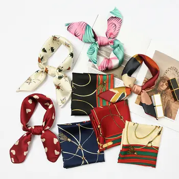 

Women Silk Feel Satin Small Vintage Hair Tie Band Head Neck Square Scarf Office Hotel Waiter Flight Attendants Handkerchief