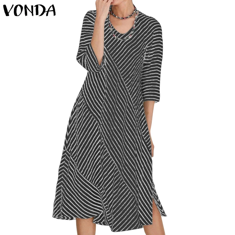 VONDA, женские вечерние платья, сексуальные, 3/4 рукав, в полоску, хлопок, с разрезом, праздничное платье, богемный стиль, Vestidos размера плюс, модный Сарафан