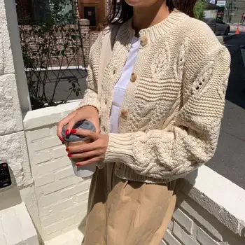 

Women Oversize Sweaters Autumn Winter Buttons O Neck Casual Cardigans Lantern Sleeve Loose Single Breasted Cardigan