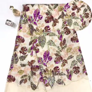 

newest leaf pattern embroidered net lace fabric with multi color sequins african lace nigeria tulle net fabric for party dress