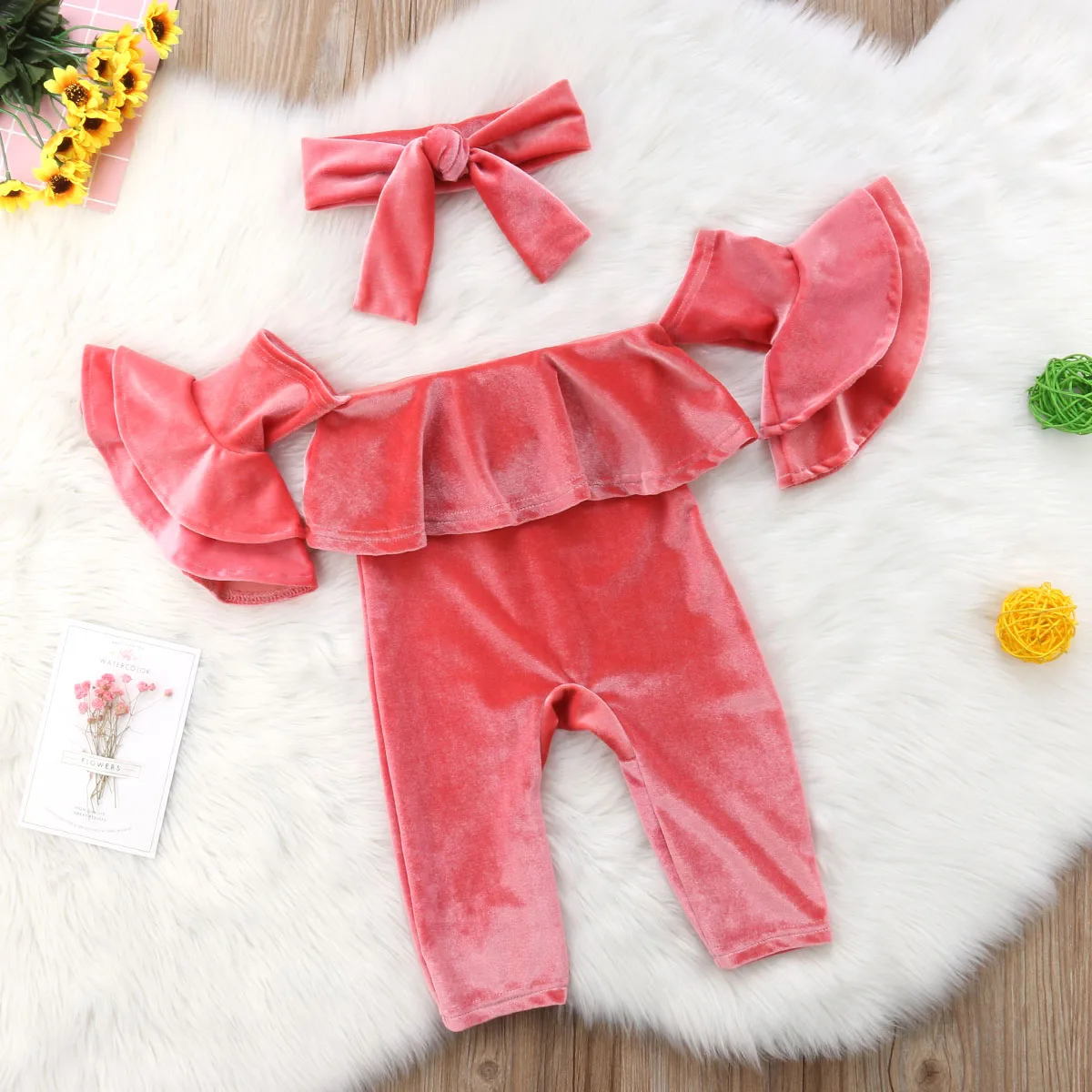 Коллекция года, одежда для малышей бархатная одежда для маленьких девочек Модный комбинезон с оборками, комбинезон, повязка на голову, комплект одежды, однотонный, для детей возрастом от 0 до 24 месяцев