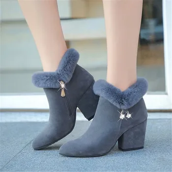 

Winter Women Casual Boots Zipper Platform Female Black High Heel Ankle Boots Ladies Footwear Plus Fur Warm Boots Big Size 35-43