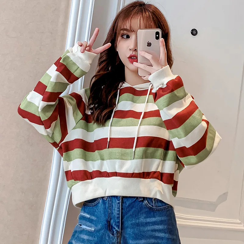 Milinsus Kpop женские толстовки с капюшоном в полоску Harajuku, короткий круглый вырез, длинный рукав, толстовки, повседневные обычные укороченные