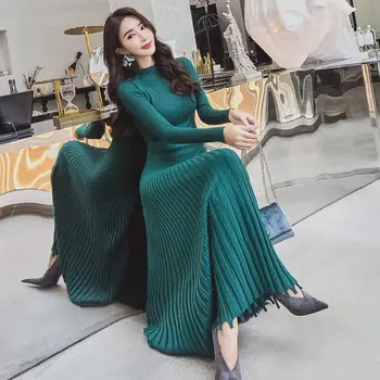 

New Slim Knitting Dress Autumn Winter For Ladies Long Sleeve Pleated A-line High Waist Elegant Sweater Dress Maxi Vestidos f2197