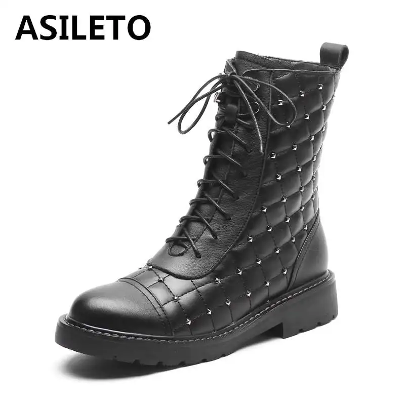 

ASILETO ankle boots women geunuine leather shoes low heels ladies riding motocross boot zipper cross tied Gothic rivets size 43