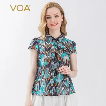 

VOA12 Mimi silk printed georgette short-sleeved single-row twist button refreshing comfortable loose loose breathable shirt B16
