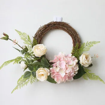 

Lovely Artificial Rose Flower Wreath Fake Hydrangea Floral Rattan Garland For Front Door Window Wall Hanging Decor Wedding Party