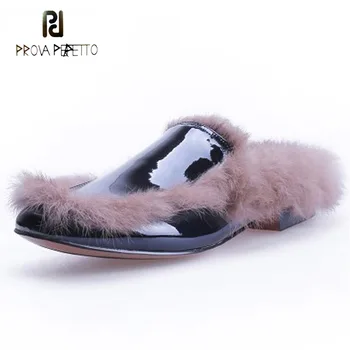 

Prova Perfetto Square Toe Real Fur Slipppers Winter New Patent Leather Patchwork Outwear Chic Lazy Women Shoes Street Snap