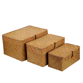 

New Woven Wicker Storage Bins Basket Sets for Shelves, Set Of 3 Different Sizes, Multipurpose Container with Lid