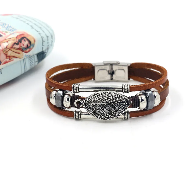 Bracelet Jewelry Trendy Punk Multilayer Leather Bracelet Female Fatima Hand Sun Flower Leaf Alloy Accessories for Wristband Gift