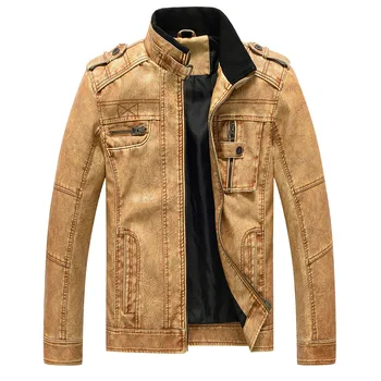 

2020 new spring casual hoodless washed pu leather stand collar multi-pocket men's leather coat large size tide MY127