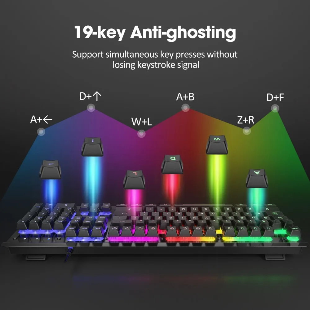 Игровая клавиатура PICTEK PC268, проводная USB мембранная клавиатура с RGB подсветкой, с подставкой для запястья, 104, колпачки для ПК, компьютера, русская наклейка