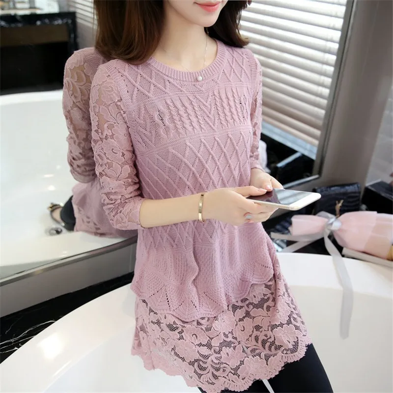 Clothes Lace Patchwork Pullovers 2022 Korean Autumn New Fashion Long Women Sweaters Sleeve O-neck Knitwear 62917 | Женская одежда