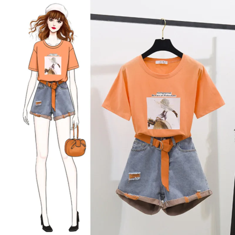 Женский Повседневный Спортивный костюм футболка с аппликацией и цветные Рваные