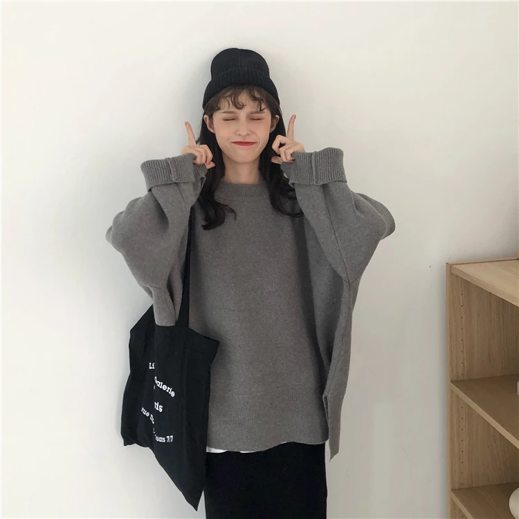 Women Autumn Winter Oversized Pullover Knitted Sweater Female Thick Split Long Sleeve Jumper Coat Pull Femme Jersey Mujer