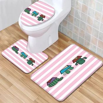 

Carpet 3-piece Stripe Floor Mat Toilet Set Floor Rug Non-slip Absorbent Flannel Bathroom Pads Doormat