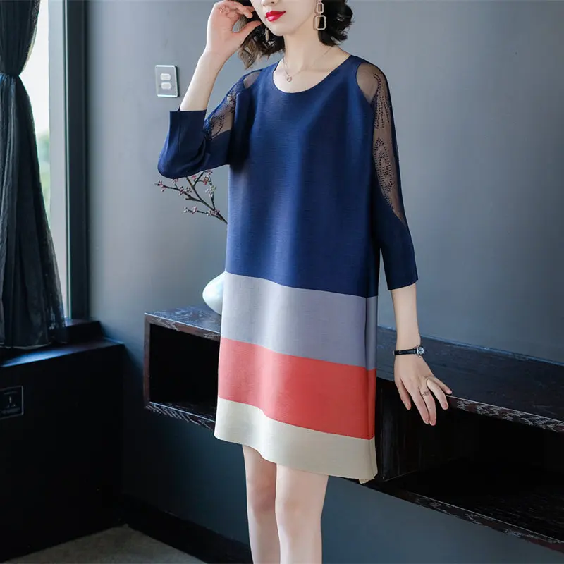 

2019 Spring And Summer New Style WOMEN'S Dress-Style Elegant Loose And Plus-sized A- line Skirt Gauze Beads Striped Dress Hot Se