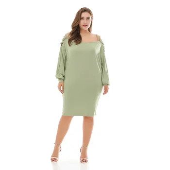 

Plus Size XXXL Spring Autumn Fashion Women a Word Shoulder Strapless Hollow Out Dress Slim Knit Patchwork Long Sleeve Pea-green