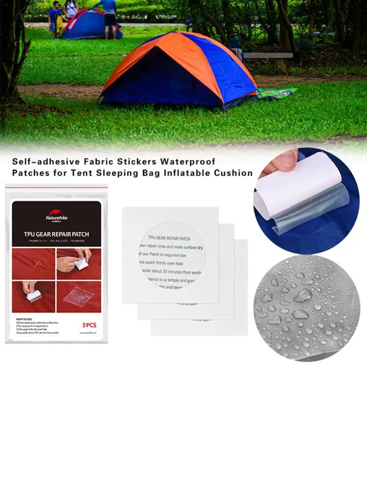 3Pcs Tent Repair Paste Waterproof Repair Patch Fabric Stickers For Tent Sleeping Bag Inflatable Cushion Translucent TPU Camping