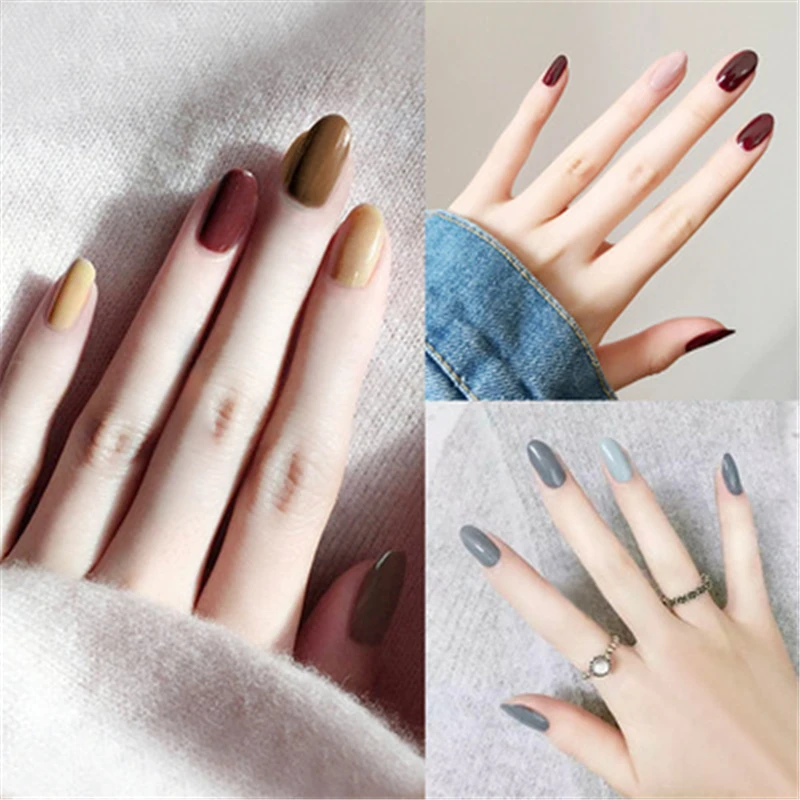 

24pcs Manicure fake nails patch finished solid color gray bean paste pumpkin color nail patch collection nail stickers available