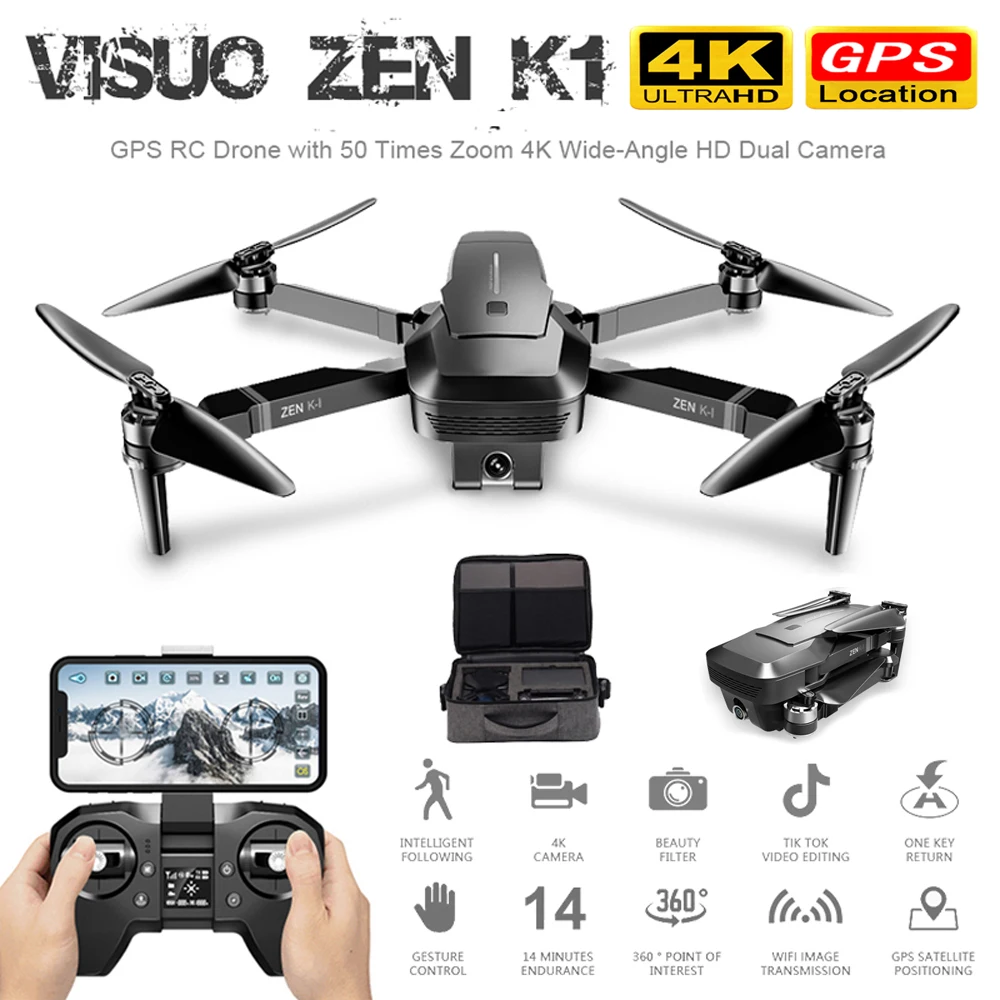 

ZEN VISUO K1 RC Zangгo GPS com 50 Vezes Zoom lente Grande-Angular HD Dual Camera WIFI FPV Quadcopter Brushless motor de Vфo 28mi