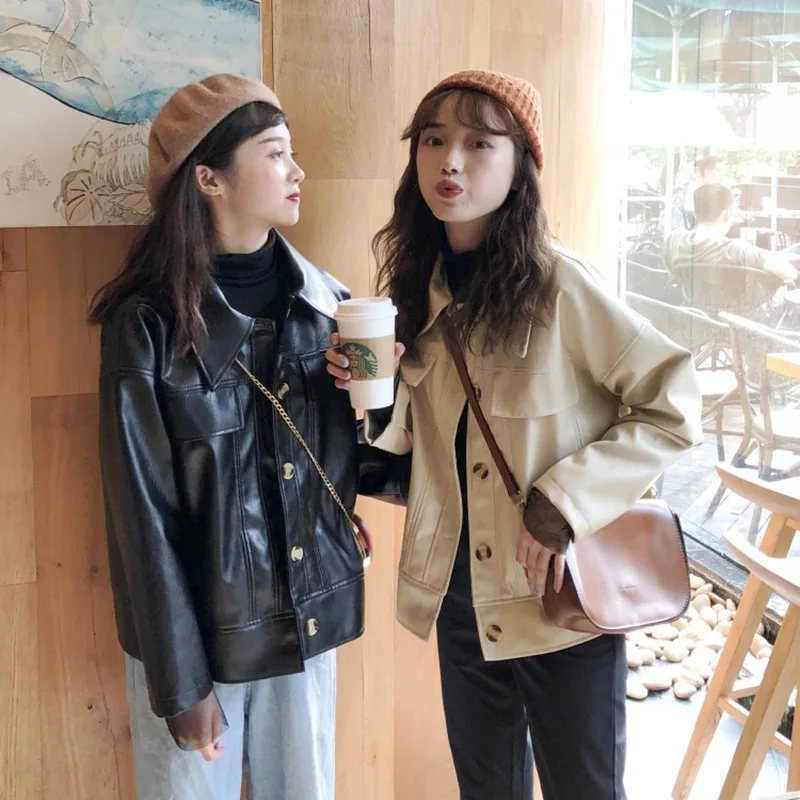 

2019 Korea Fashion Women's Autumn And Winter Black Faux Leather Jacket Button Basic Coat Lapel Collar Knight Motorcycle Jacket