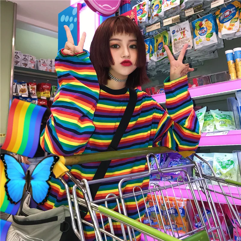 Harajuku Newest Women Sweatshirt Rainbow Striped Korean Style All-match Loose Fashion Tops For Female