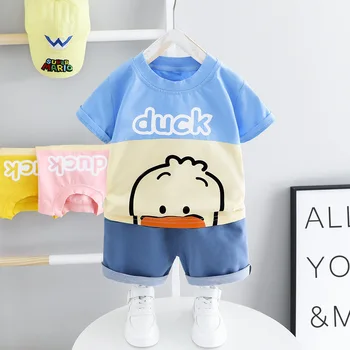 

New baby boy clothes summer round neck cotton short-sleeved shorts two-piece suit cartoon duck letter printing casual baby suit
