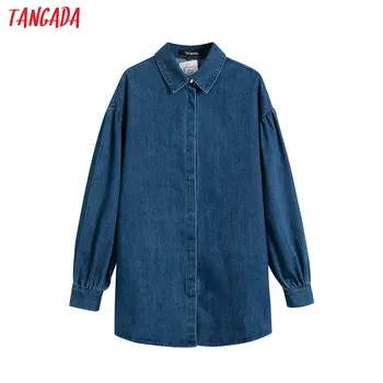 

Tangada women retro oversized thick denim long shirt 2020 new arrival chic female casual loose blouse tops 4T18