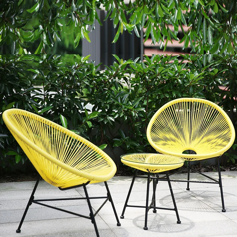

M8 3PCS/set Balcony Cafe Table&Chairs Set Creative Breathable Moon Chair Heavy Loading Plastic Wire+steel Patio Furniture Set