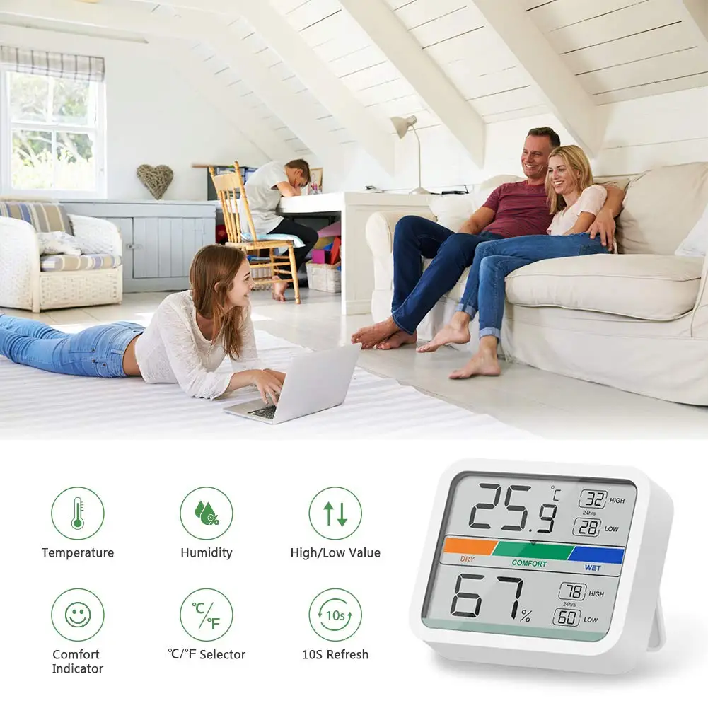 interior thermo-higrômetro com ímã, registros min max para controle de clima quarto
