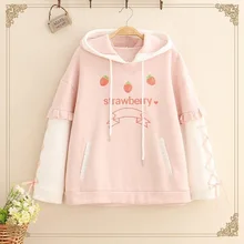 

Women Winter Sweet Strawberry Thicken Hooded Sweatshirt Japanese Harajuku Kawaii Hoodie Lolita Fleece Warm Lace Up Pink Pullover