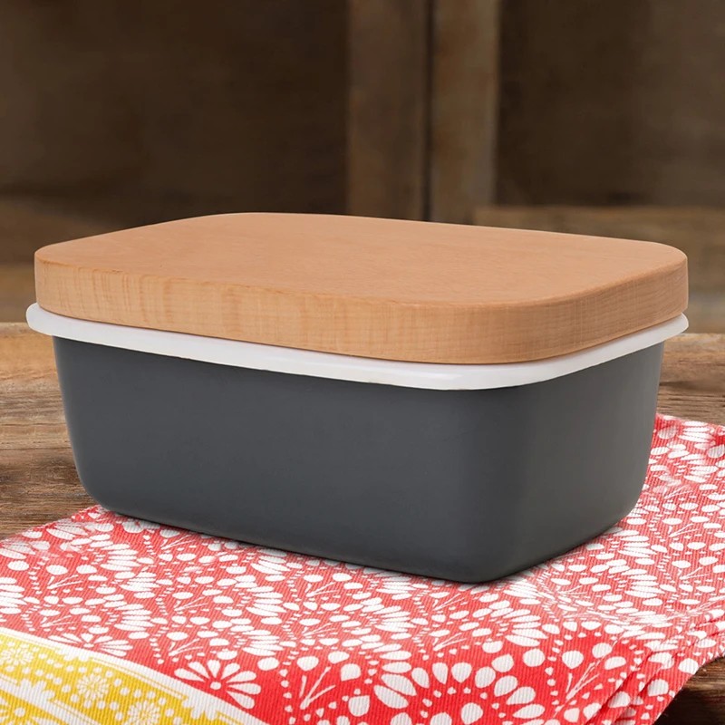 Ceny Pojemnik na masło emaliowane pojemnik na owoce pojemnik na masło nowy pojemnik na masło z drewnianą pokrywa akcesoria kuchenne