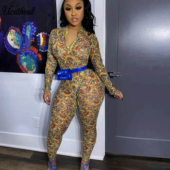 

Sexy Print Zipper Jumpsuits One Piece Outfits Full Bodysuit Long Sleeve Bodycon Rompers Womens Jumpsuit