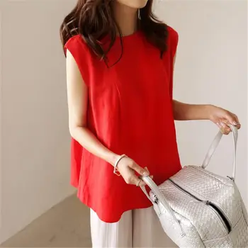 

SuperAen 2020 Summer New Sleeveless Women Shirt Wild Casual Solid Color Ladies Blouses and Tops Round Neck Women Clothing