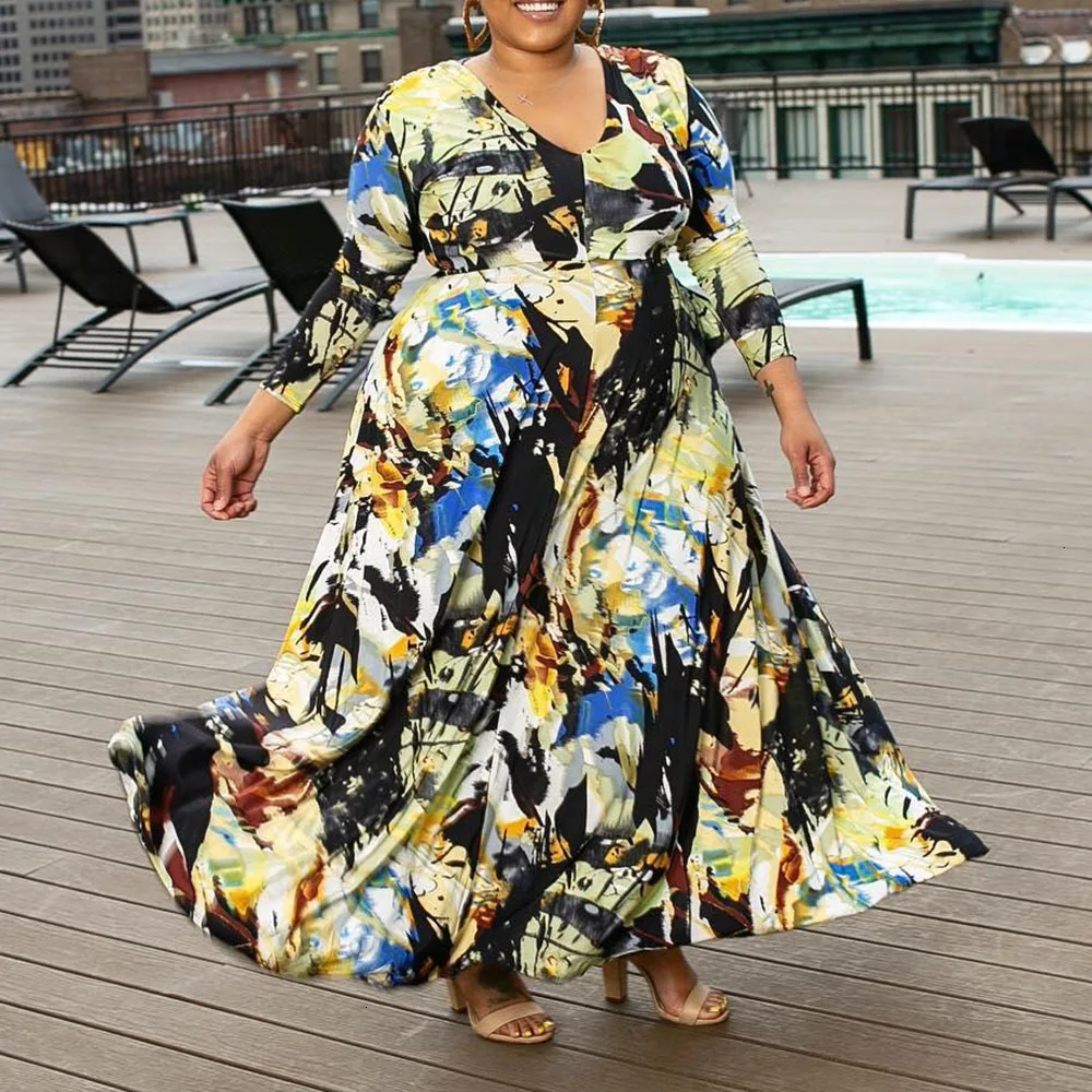 

Vintage Pattern Printed Oversized 3XL Plus Size Dress Retro Sexy V Neck High Waist African Women Office Long Maxi Dress Autumn