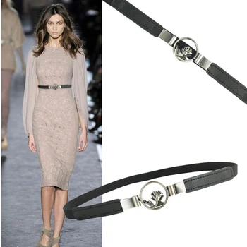 

HUOBAO Casual Black Red Leather Elastic Narrow Corset Belts For Women Female Vintage Rose Metal Buckle Waistband Belt