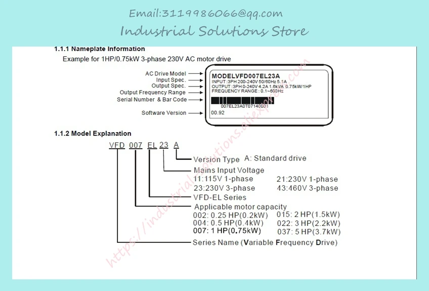 Вход AC 3ph 380V выход AC 3ph El Инвертор серии VFD007EL43A 0~ 480V 2.5A 0,1~ 600Hz 0.75KW 1 hp