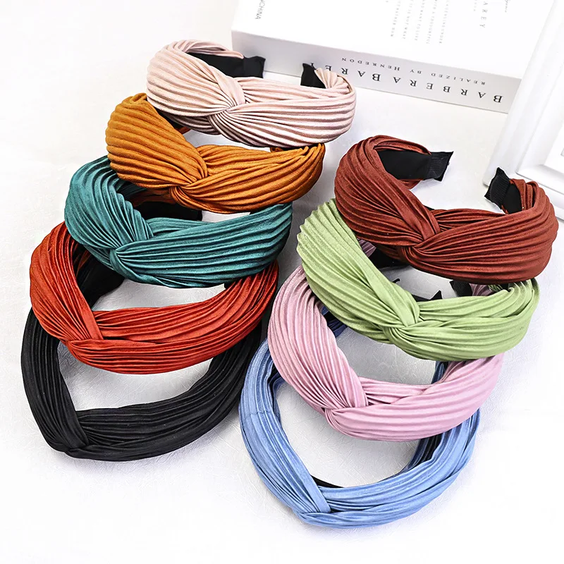 Koren Fashion Women Headband Cross Knot Crumpled Cloth Solid Hairband Adult Soft High Elastic Hair Band Female Hair Accessories