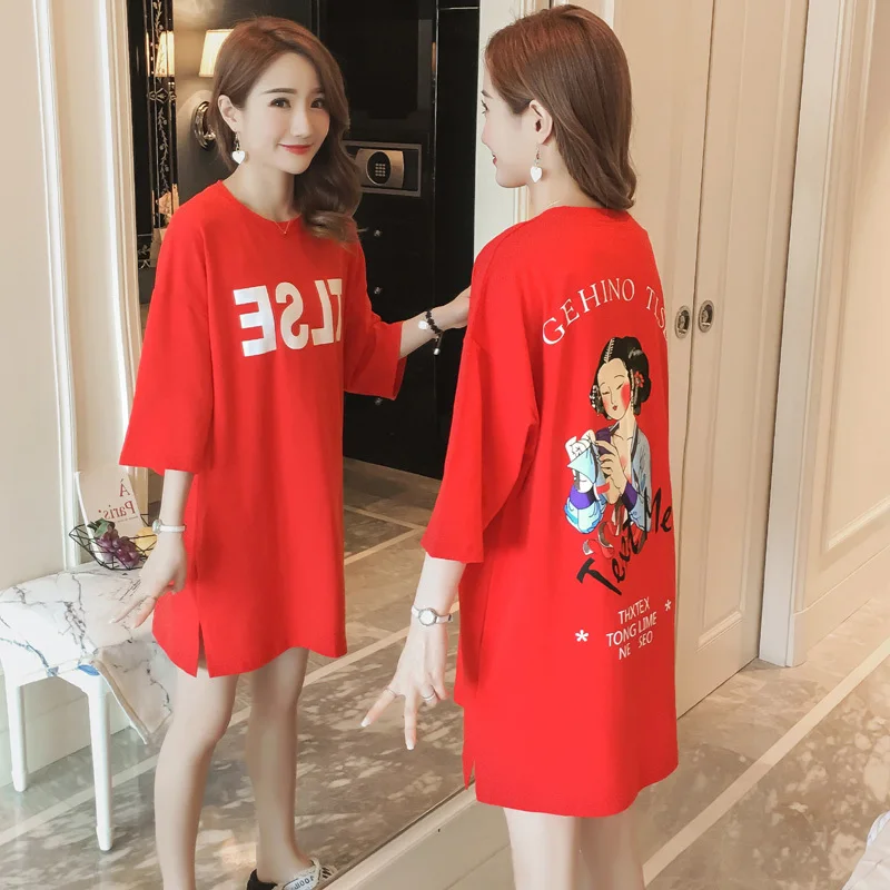 

#2362 Summer Letter Printed Loose T-shirt Mini Dress Woman Red Cotton Three Quater Sleeve Tshirt Dresses Ladies Casual Big Size