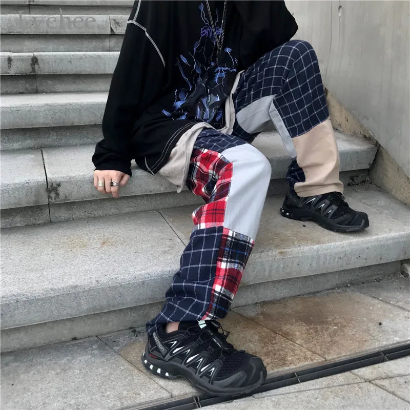 

Lychee Harajuku Plaid Patchwork Women Bottom Pants Wide Leg Casual Lady Bottoms Pants Hit Color Loose Autumn Female Trousers