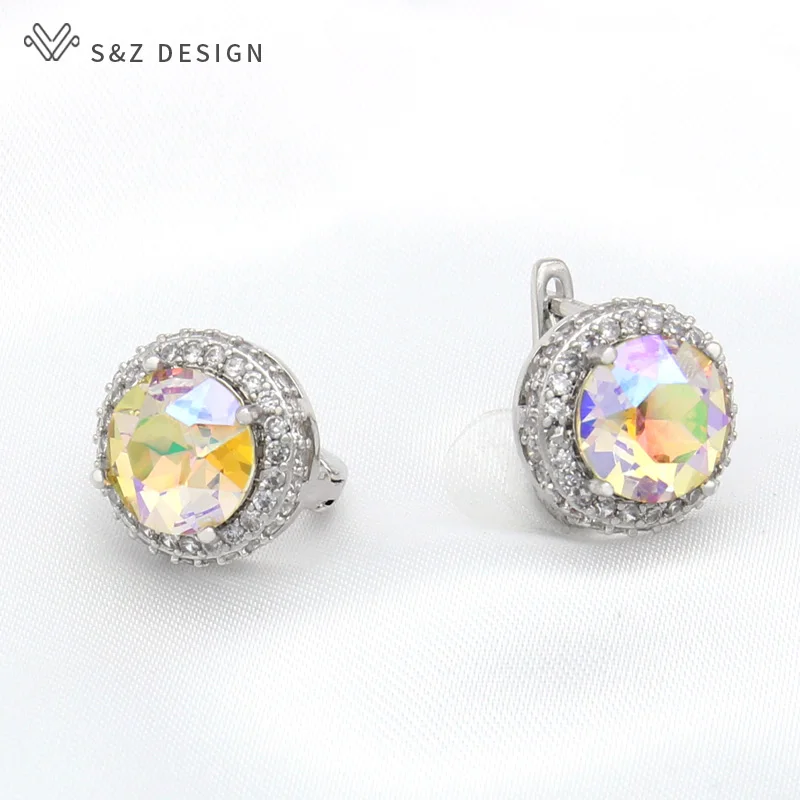 S&Z DESIGN New Trendy Cubic Zirconia 585 Rose Gold Color Round Crystal Dangle Earrings For Women Wedding Jewelry Gift