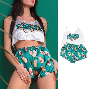 

Women Imitation Silk Pajamas Set Sleeveless Camis Top Shorts Avocado Sleepwear PXPB