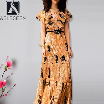 

AELESEEN Runway Fashion Boho Dress 2020 Spring Summer Women's Butterfly Sleeve Ruffles V-Neck Bandage Maxi Party Pleated Dress
