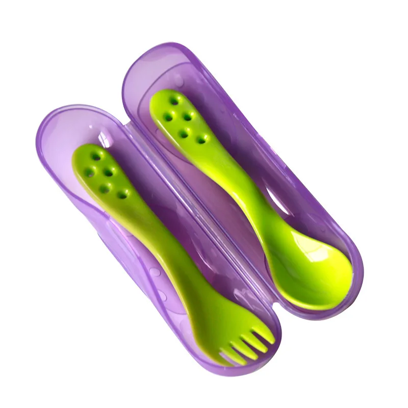 Baby Spoon Child Fork Spoon Baby Spork Outdoor Plastic Multi-functional Fork Spoon Suit Mother And Child - Цвет: Зеленый