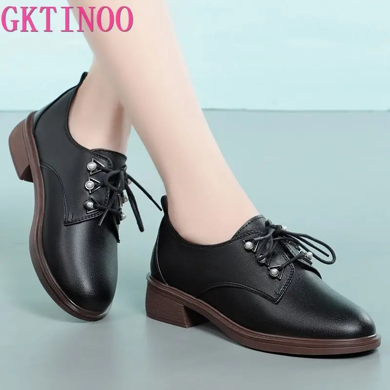 GKTINOO-zapatos de piel auténtica para mujer, zapatillas de tacón grueso antideslizantes gran tamaño, con cordones de fondo suave, para primavera - Calzado