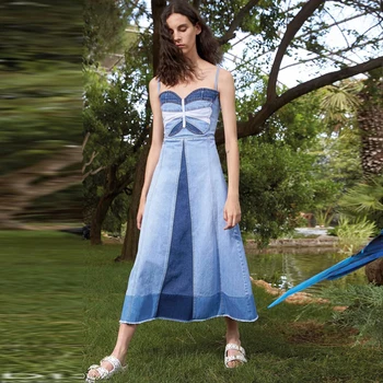 

Denim Sling Long Dress High Quality Women'S Fashion Designer Catwalk Spring New Fashion Sling Sexy Slim Chic Casual Dresses